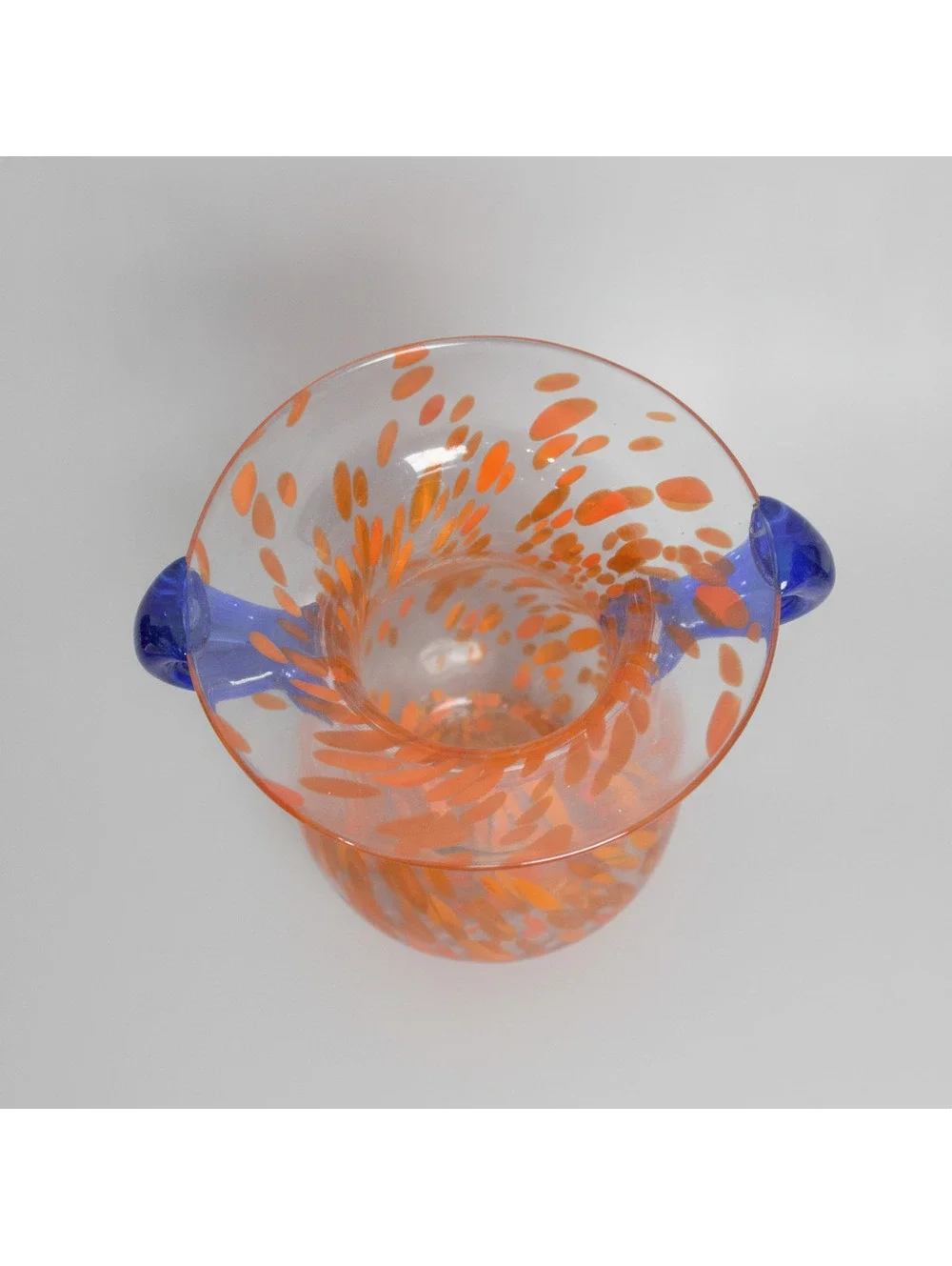 Vintage Nouveau Orange Spatter Art Glass Vase with Applied Cobalt Blue Handles